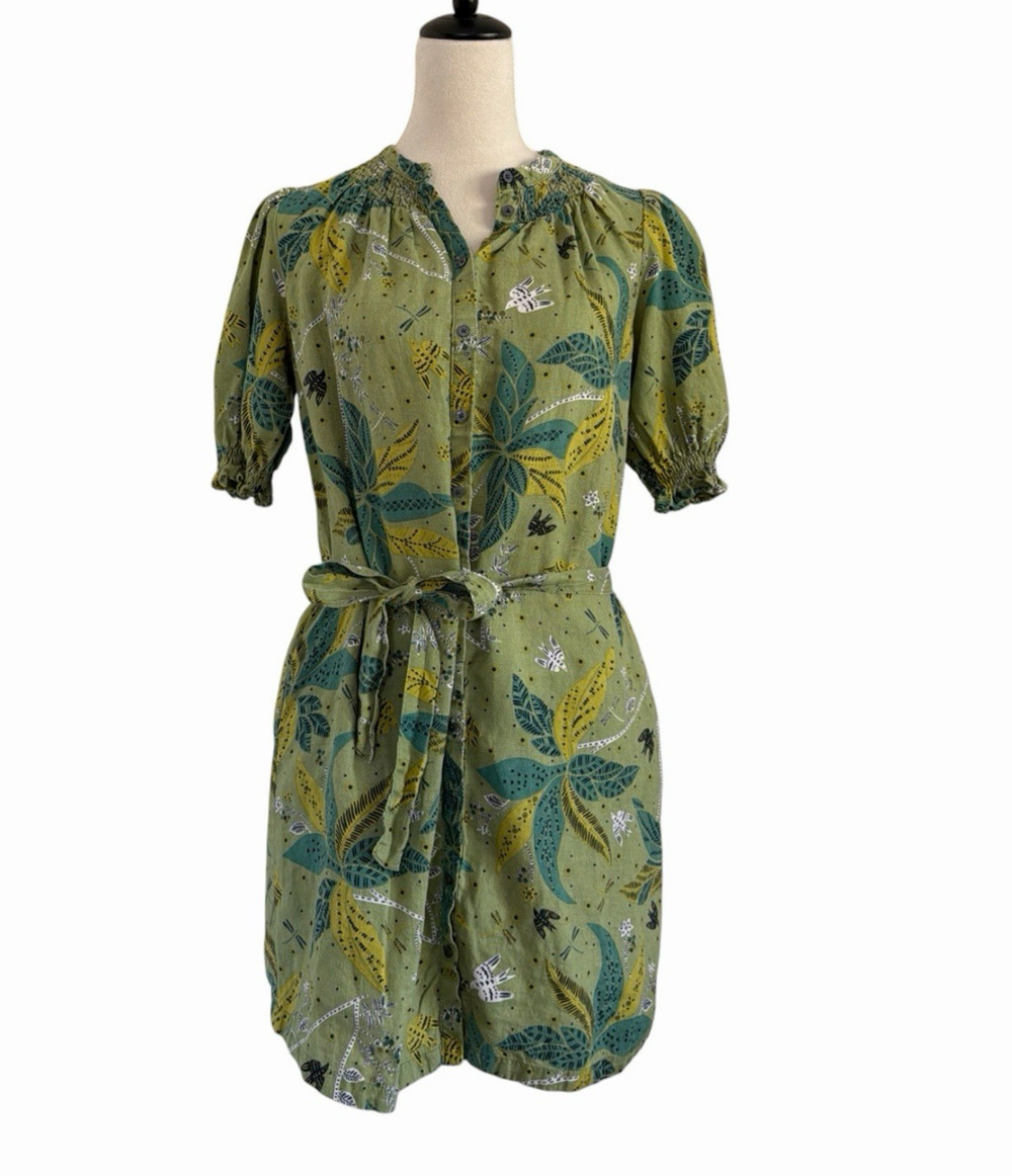 Boden Ada Linen Smocked Shirt Dress 6 Green Pockets Waist Tie Tropical Resort